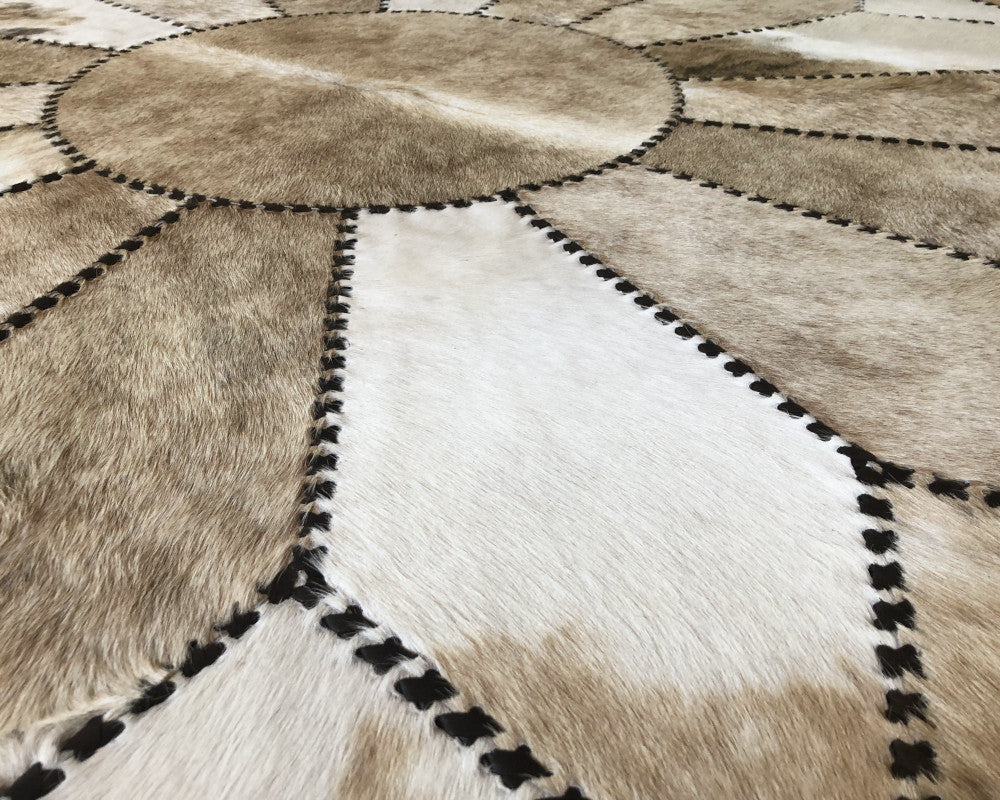 Light Brown, Beige and White Mixed Color HANDMADE COWHIDE RUG | Patchwork Carpet with Leather Braided Work