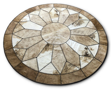 Light Brown, Beige and White Mixed Color HANDMADE COWHIDE RUG | Patchwork Carpet with Leather Braided Work