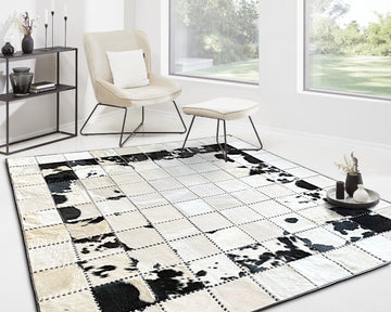 Real Cowhide Patchwork Rug 100% Handmade Leather Rug Black White Cow Skin Floor Area Rug for Living Room Decor | Entryway Runner | Hair on Leather Cowhide Carpet | 511