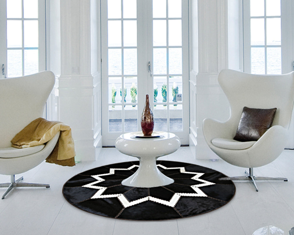 Handcrafted Genuine Leather Cowhide Area Carpet | Hair on Leather Braided Stitching Carpet | PR111