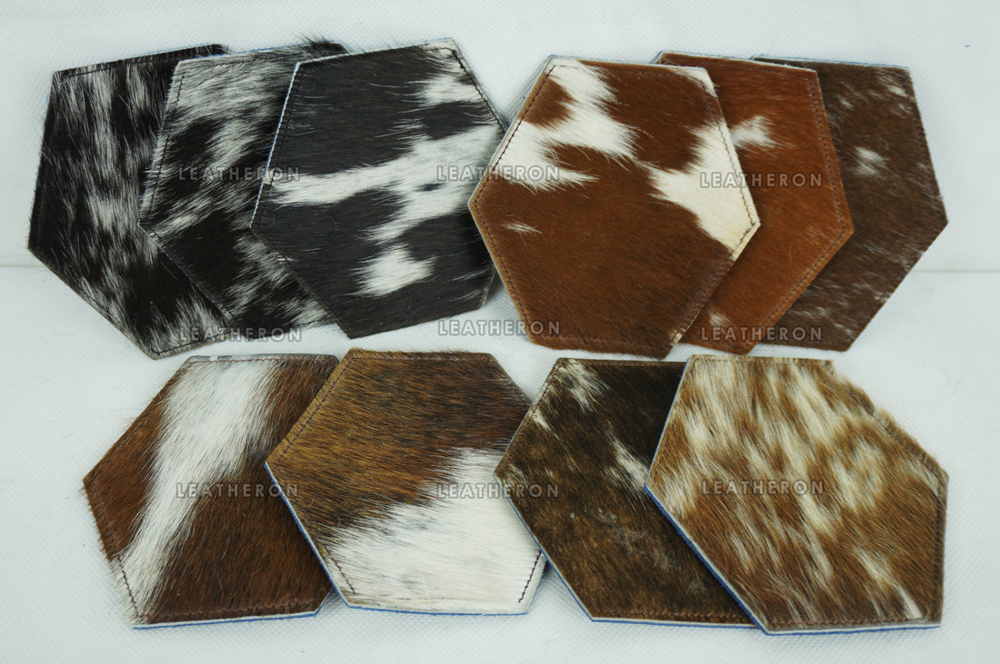 Cowhide Tea Coasters | Real Hair-on-Leather Tea Coasters | Hexagon Shape Multi Color Tea Coasters