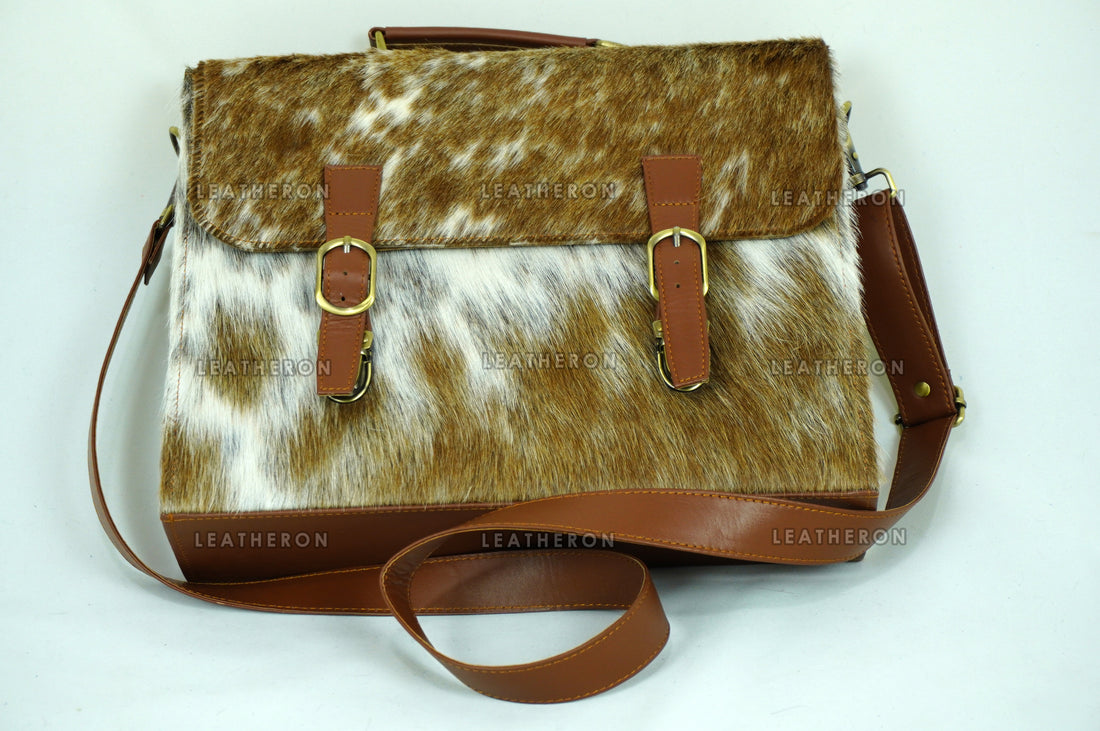 Cowhide Leather Office Bag Real Hair on Cowhide Leather File Bag Natural Cow Skin Laptop Bag | OB3
