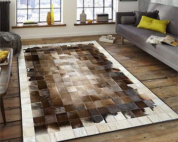 HANDMADE Natural COWHIDE Patchwork RUG | Square Cube Pattern Area Rug | Real Leather Hallway Runner | Hair on Leather Cowhide Carpet | 503