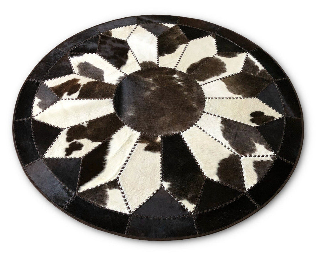 Exquisite Handcrafted Cowhide Masterpiece, 100% Natural Patchwork Area Rug | Hair on Leather Cowhide Carpet with Leather Braided Work | PR107