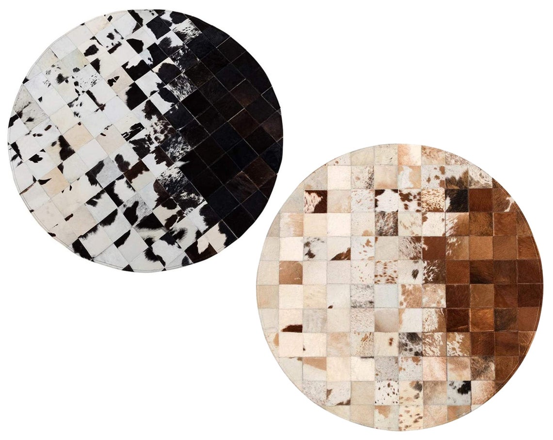 Handmade Round Cowhide Patchwork Rug 4 ft X 4 ft Black And White Cow Hide Cow Skin Hair On, Natural Skin Made newest Hair On Carpet Home Decor Rug