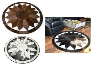 Luxurious Hair-On Cowhide Patchwork Area Carpet, Handcrafted Excellence | Hair on Leather Carpet with Leather Braided Work | PR105