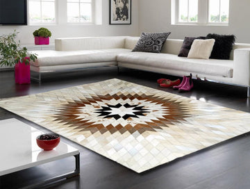 Creatively HANDMADE Natural COWHIDE Patchwork RUG - Multicolor Beautiful Flower Design Carpet for Interior Décor | PR182