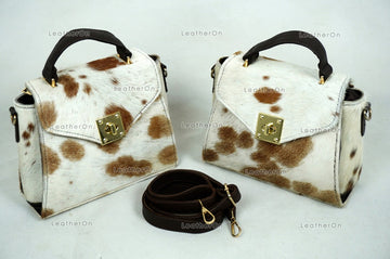 Cowhide Mini Hand Bag with Strap | 100% Natural Cowhide Top Handle Bag | Real Hair On Cowhide Leather Ladies Bag | Cow Skin Small Hand Bag
