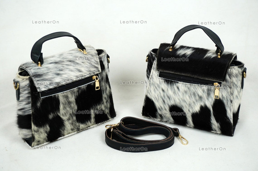 Cowhide Mini Hand Bag with Strap | 100% Natural Cowhide Top Handle Bag | Real Hair On Cowhide Leather Ladies Bag | Cow Skin Small Hand Bag