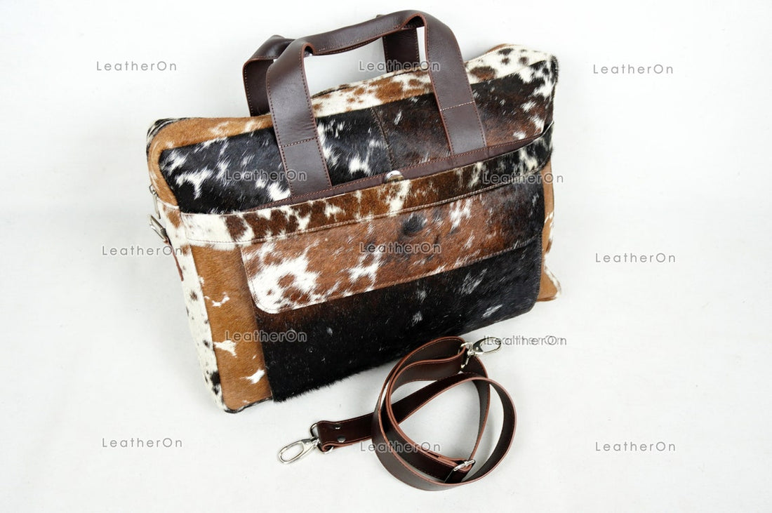 Cowhide Laptop Briefcase Bag | Natural Cowhide Office Satchel Bag | Cowhide Messenger Bag | Cowhide File Bag | Documents Bag | OB25