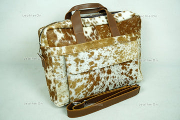 Cowhide Laptop Briefcase Bag | Natural Cowhide Office Satchel Bag | Cowhide Messenger Bag | Cowhide File Bag | Documents Bag | OB28