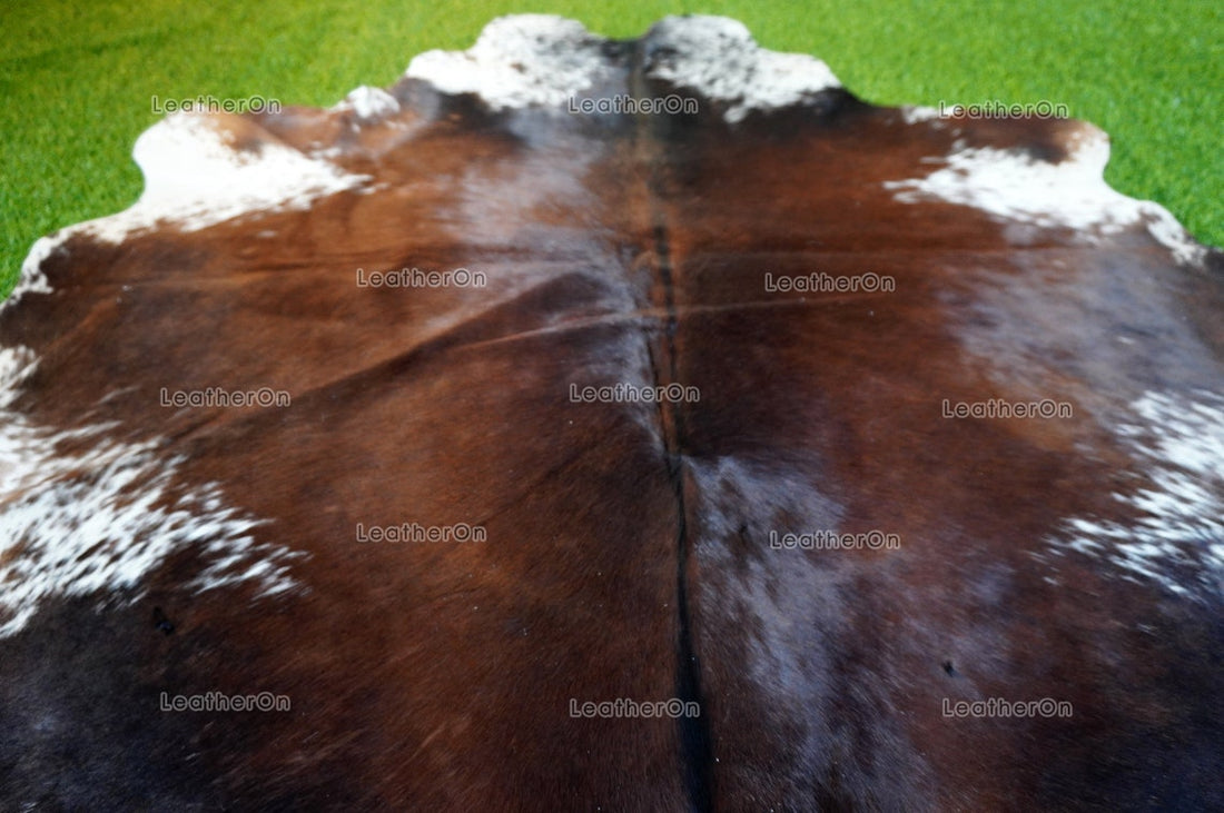 Small (4.7 X 4.6 ft.) EXACT As Photo, Tricolor COWHIDE Area RUG | 100% Natural Cowhide Rug | Hair-on Leather Cow Hide Rug | C584