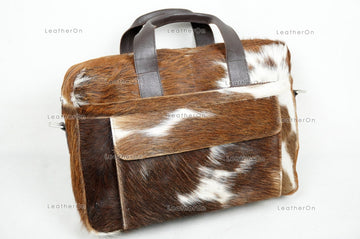 Cowhide Laptop Briefcase Bag | Natural Cowhide Office Satchel Bag | Cowhide Messenger Bag | Cowhide File Bag | Documents Bag | OB24