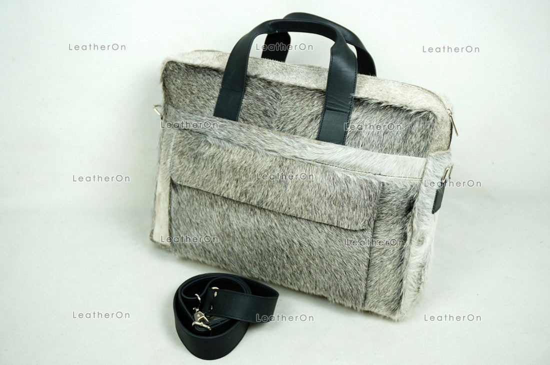 Cowhide Laptop Briefcase Bag | Natural Cowhide Office Satchel Bag | Cowhide Messenger Bag | Cowhide File Bag | Documents Bag | OB26
