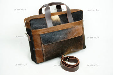 Cowhide Laptop Briefcase Bag | Natural Cowhide Office Satchel Bag | Cowhide Messenger Bag | Cowhide File Bag | Documents Bag | OB27