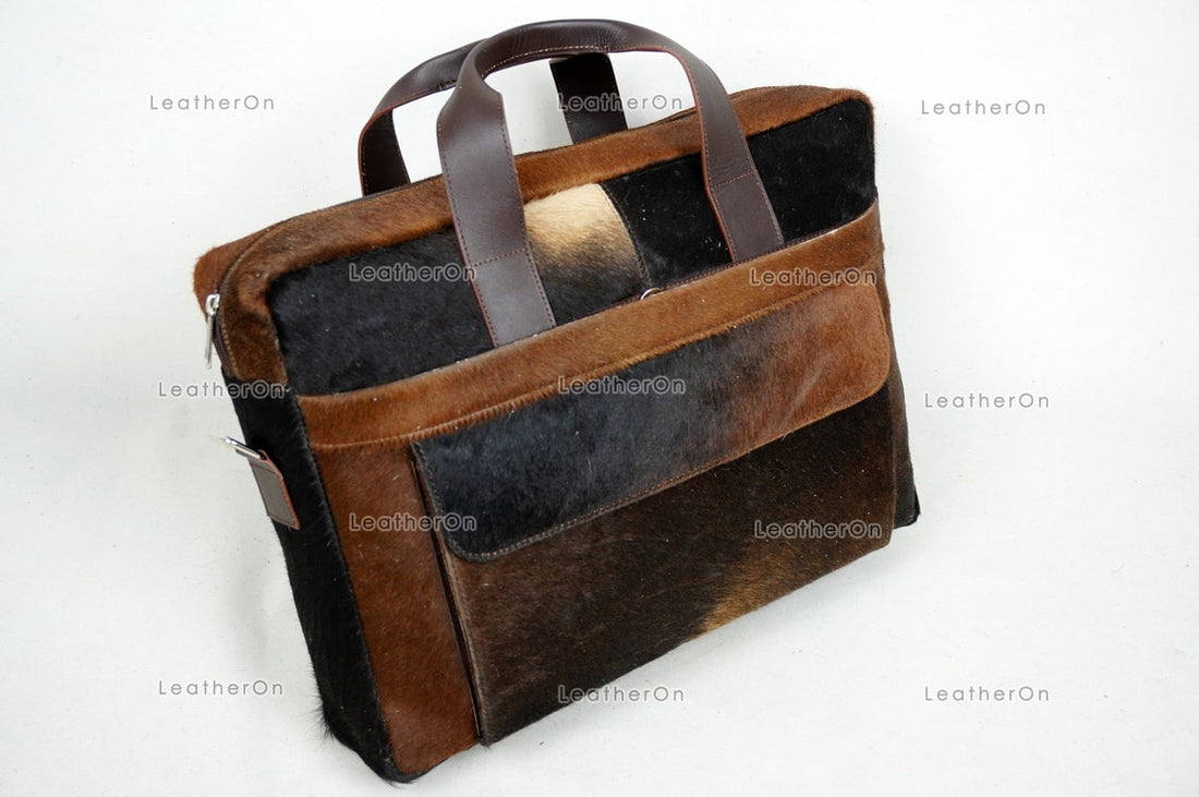 Cowhide Laptop Briefcase Bag | Natural Cowhide Office Satchel Bag | Cowhide Messenger Bag | Cowhide File Bag | Documents Bag | OB27