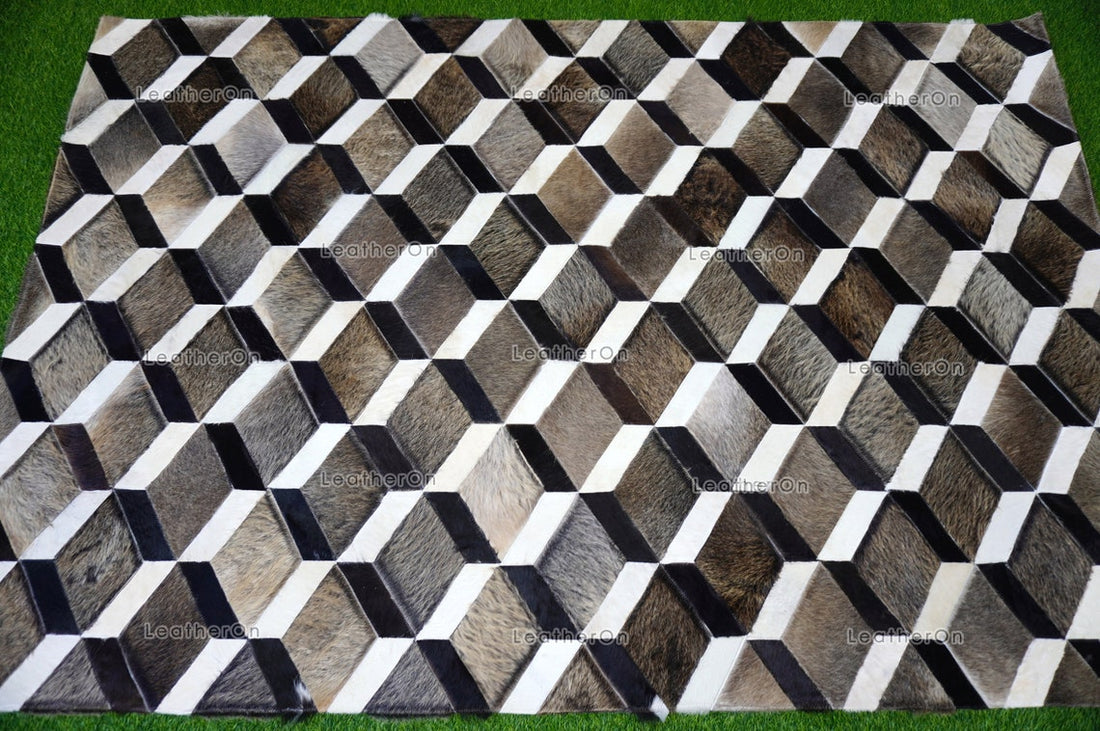 3D HANDMADE 100% Natural COWHIDE AREA RUG | 3D Patchwork Hair on Cowhide Leather Carpet | PR150