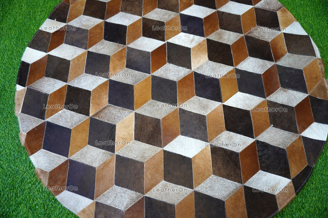 3D HANDMADE 100% Natural COWHIDE RUG (4 X 4 ft.) | 3D Patchwork Cowhide Area Rug | Real Hair on Leather Cowhide Area Rug | PR148