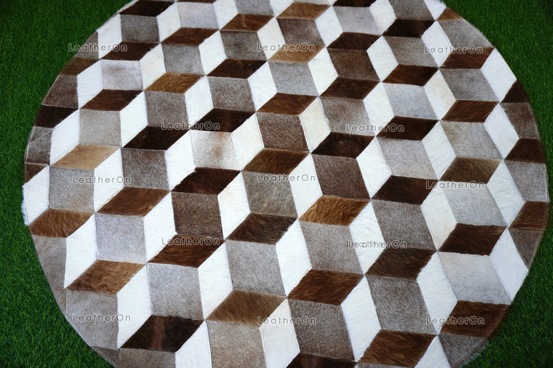 3D HANDMADE 100% Natural COWHIDE RUG (4 X 4 ft.) | 3D Patchwork Cowhide Area Rug | Real Hair on Leather Cowhide Area Rug | PR146
