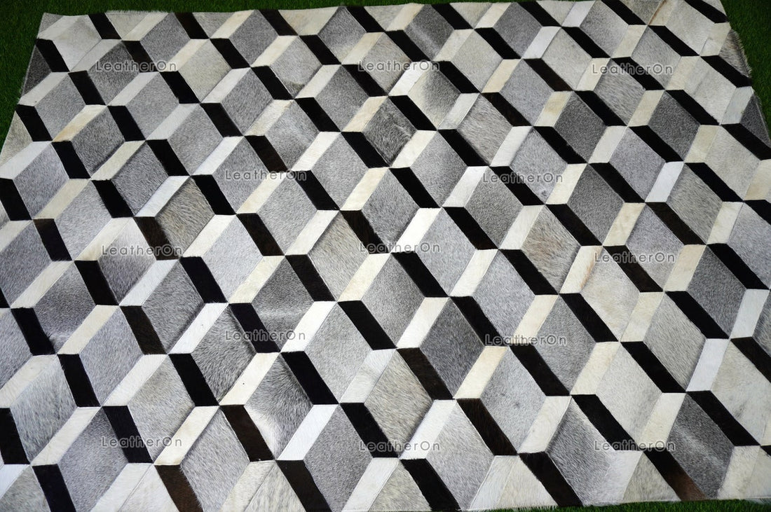 3D HANDMADE 100% Natural COWHIDE RUG | 3D Patchwork Hair on Cowhide Leather Area Rug | PR149