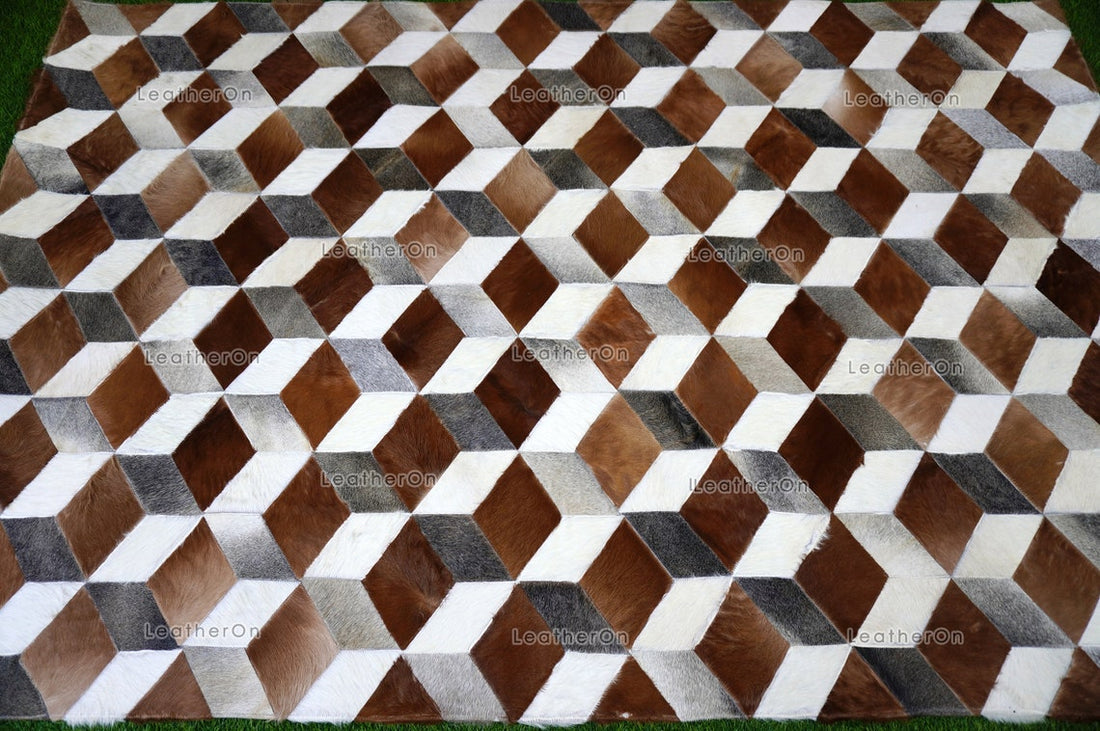 3D HANDMADE 100% Natural COWHIDE AREA RUG | 3D Patchwork Hair on Cowhide Leather Carpet | PR151