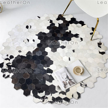 Artisanal Leather Cowhide Rug, Unique Patchwork Design, Hair-On Hide | Hair on Leather Cowhide Carpet | PR137