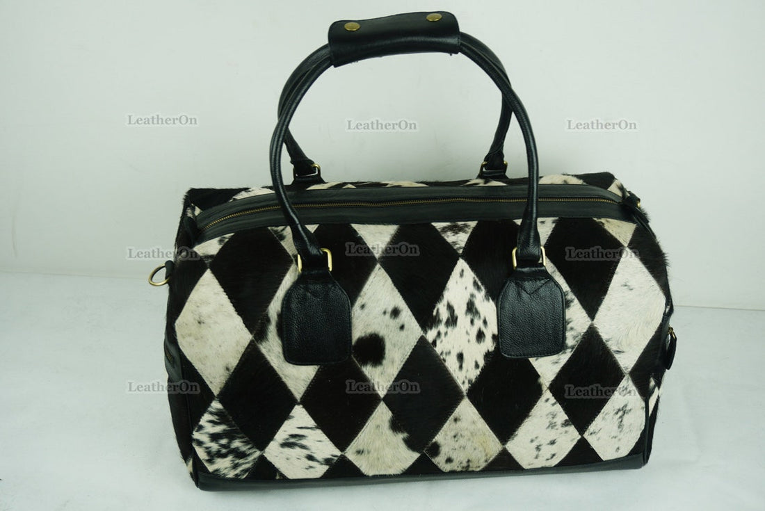 Cowhide Patchwork Duffel Bag | Natural Cowhide Duffel Bag | Hair-On-Leather Travel Bag | Cowhide Luggage Bag | Handmade Duffel Bag | DB92