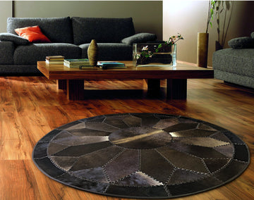 Braided Classic Quality Made Hand Woven with Solid Color Detail, Area Rug | Hair on Leather Patchwork Carpet | PR127
