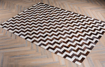 Brown White Zigzag Stair Style HANDMADE Indoor RUG | Patchwork Cowhide Area Rug | Hallway Runner | Leather Carpet | PR191