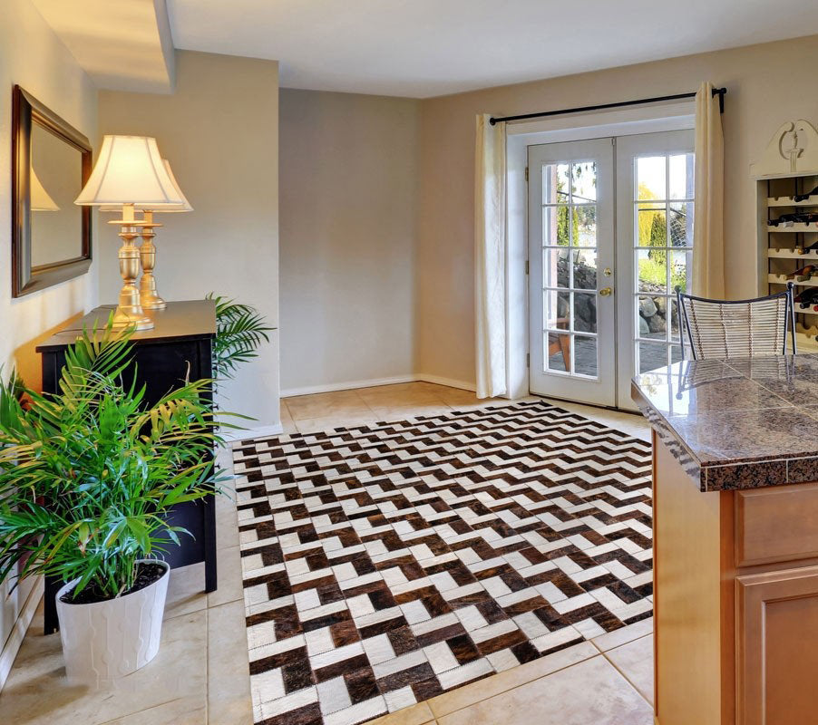 Brown White Zigzag Stair Style HANDMADE Indoor RUG | Patchwork Cowhide Area Rug | Hallway Runner | Leather Carpet | PR191