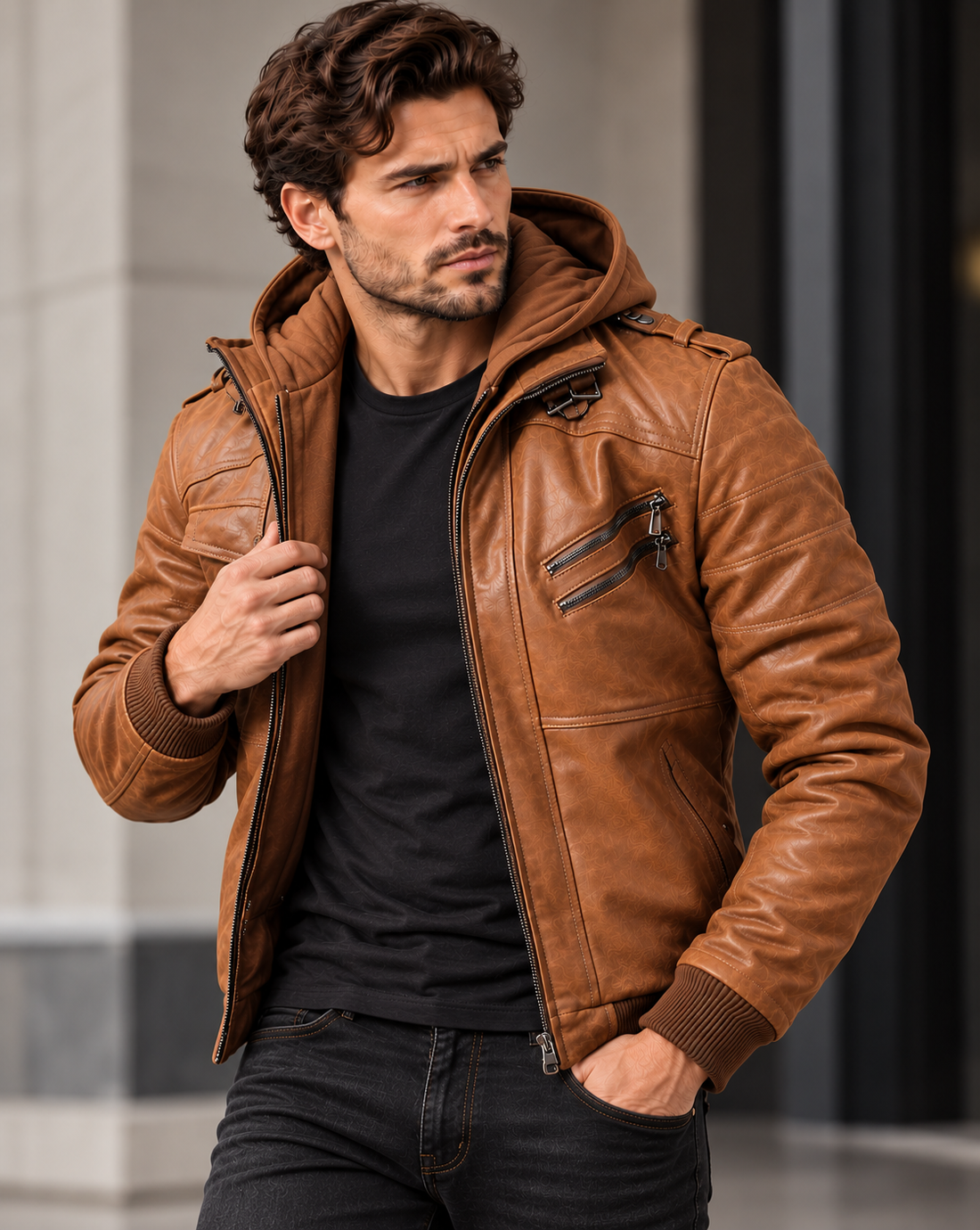 Model view of the Men's Genuine Leather Jacket with Detachable Hood for Riding.