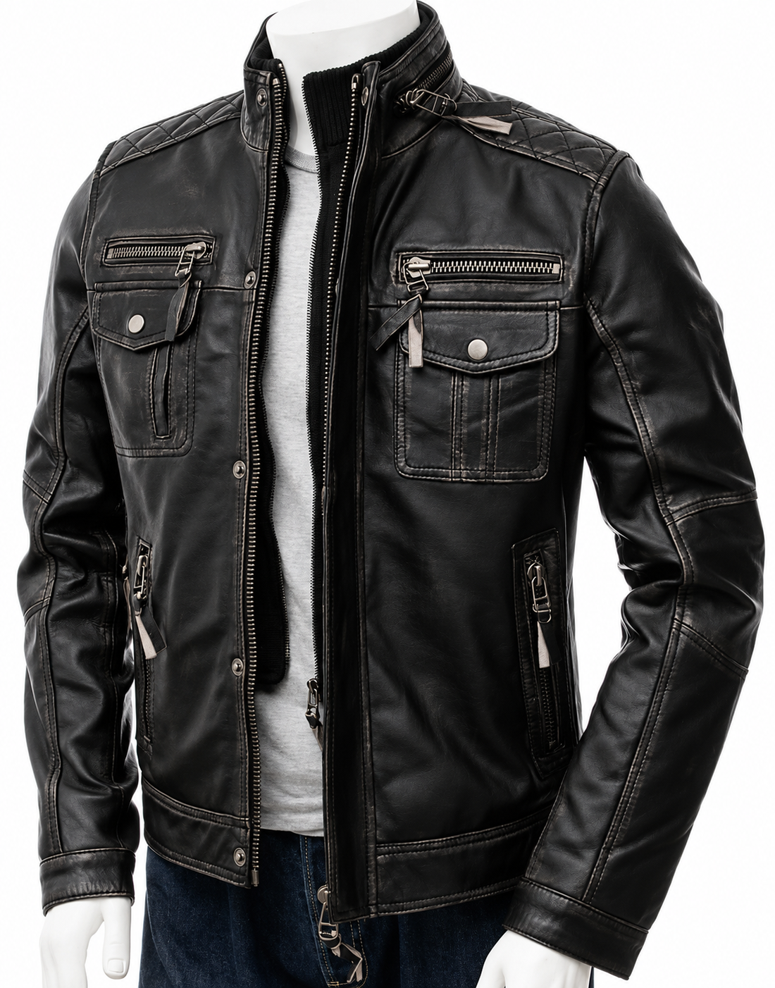 Black color of the Men's Distressed Genuine Leather Biker Jacket Moto Style.
