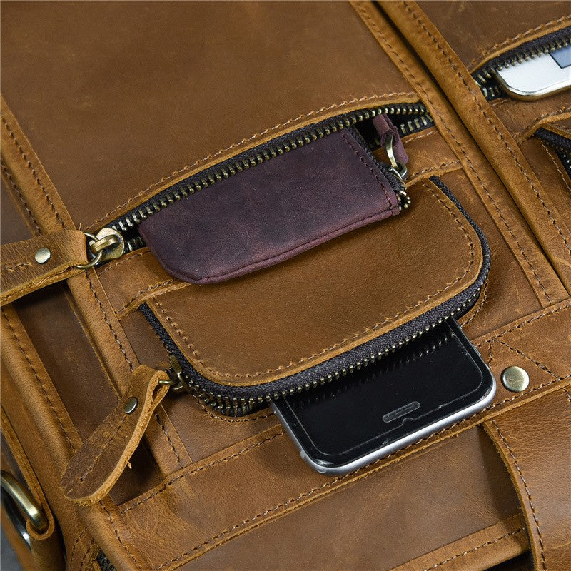 Crazy Horse Leather Laptop Briefcase – 3 Compartment Business Messenger Bag for Men & Women