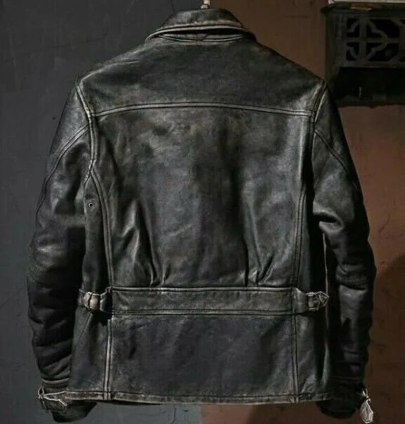 Genuine Distressed Black Leather Jacket - Retro Black Rugged Leather Biker Jacket