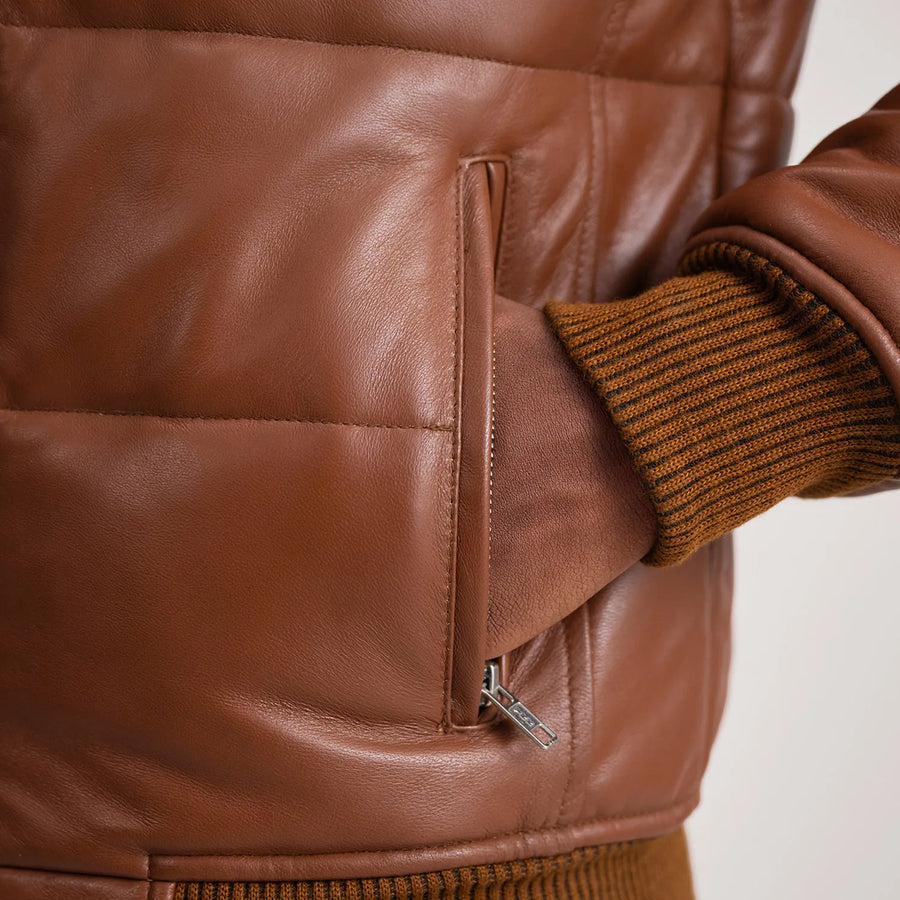 Men’s High-Neck Sheepskin Puffer Leather Jacket – Semi-Aniline Finish