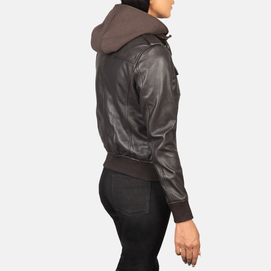 Genuine Sheepskin Leather Hooded Bomber Jacket For Women