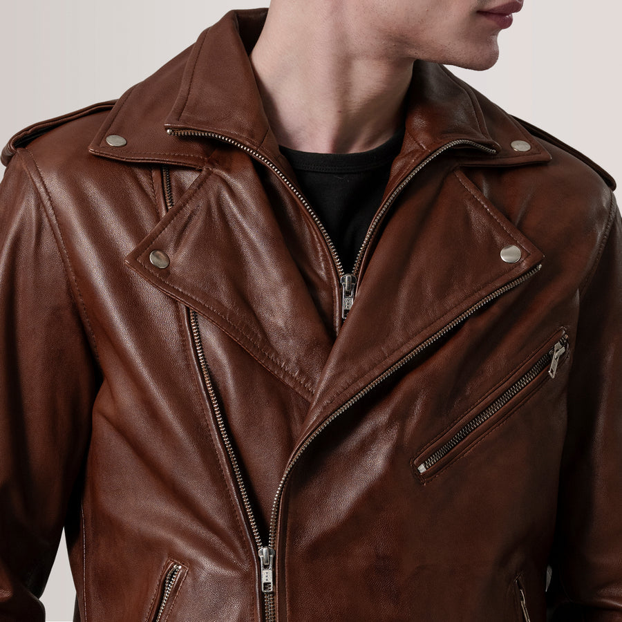 Men’s Sheepskin Leather Rider Jackets with Notch Collar & Waist Straps – Semi-Aniline Finish