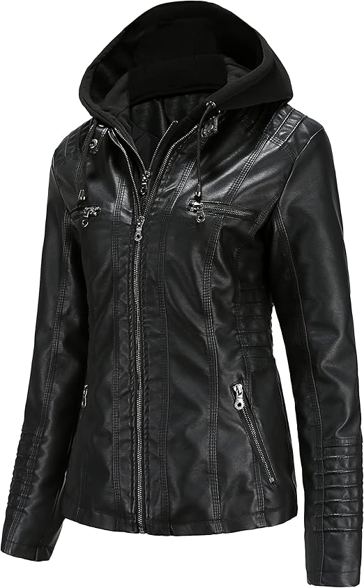 Detachable Hood Women's Real Leather Jacket - Classic Biker Style, Moto Chic Design