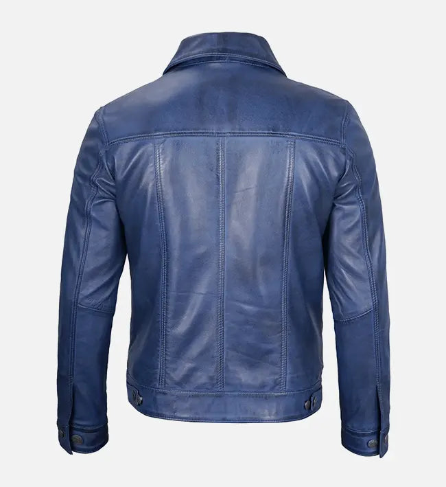 Men’s Sheepskin Trucker Leather Jacket – Camel Brown, Maroon & Blue with Shirt-Style Collar