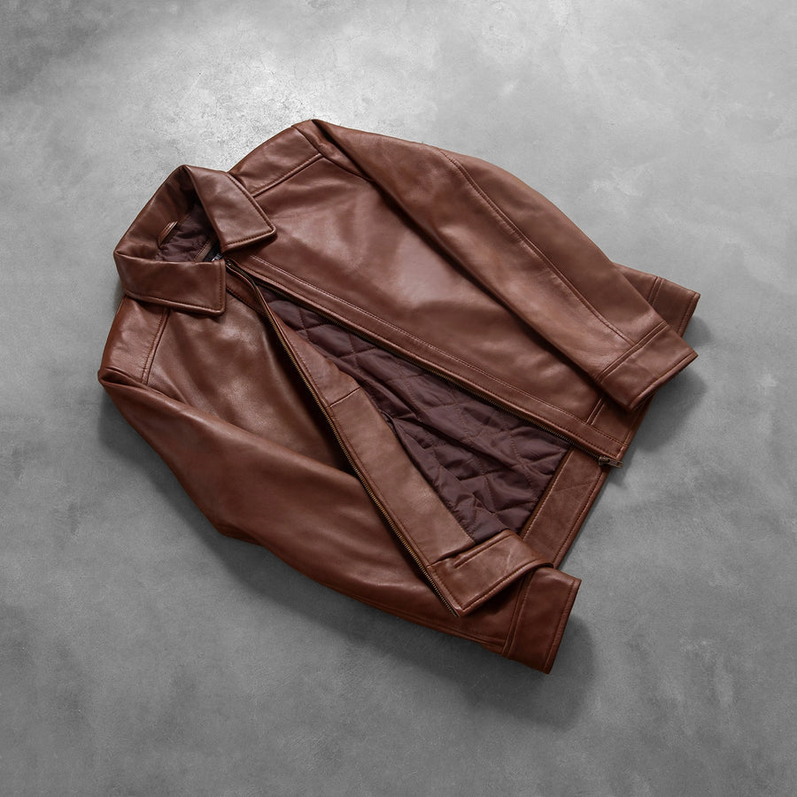 Men’s Sheepskin Leather Rider Jacket with Shirt Collar – Semi-Aniline Finish