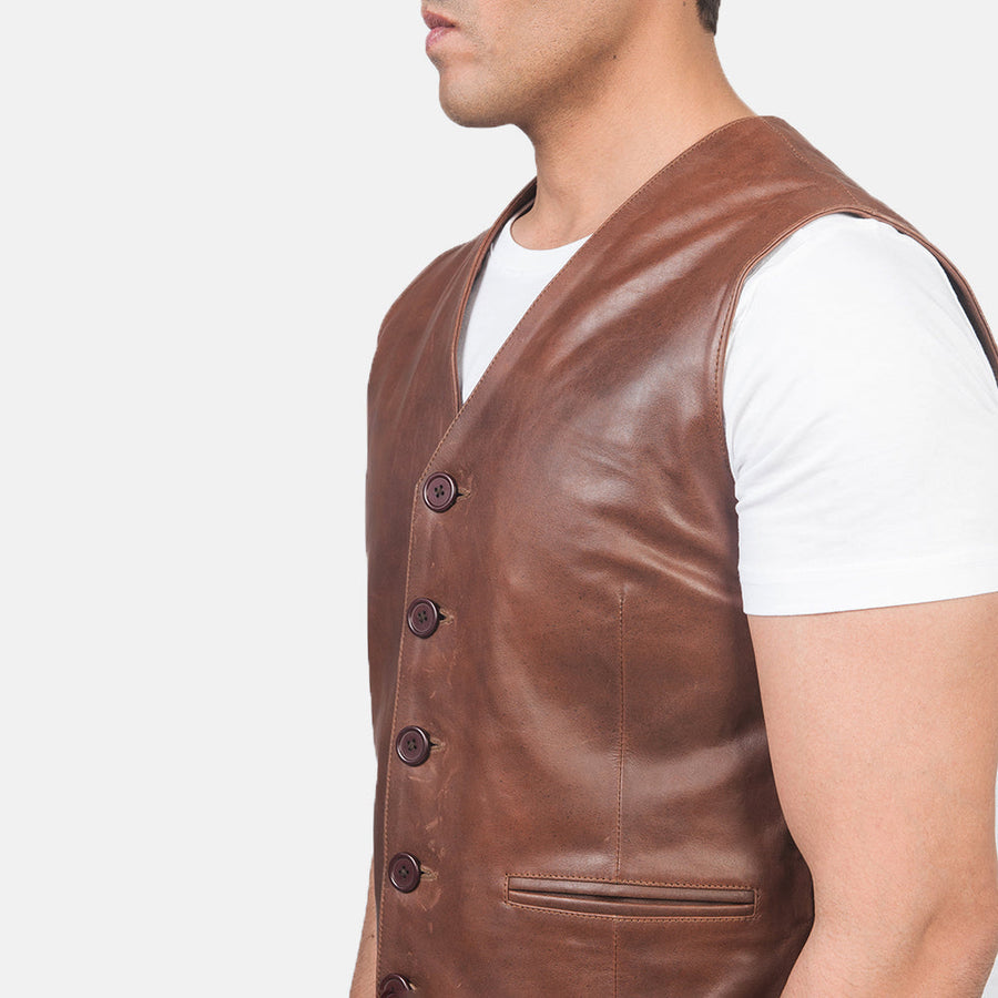 Men’s Pull-Up Cowhide Leather Vest – 5 Button Closure