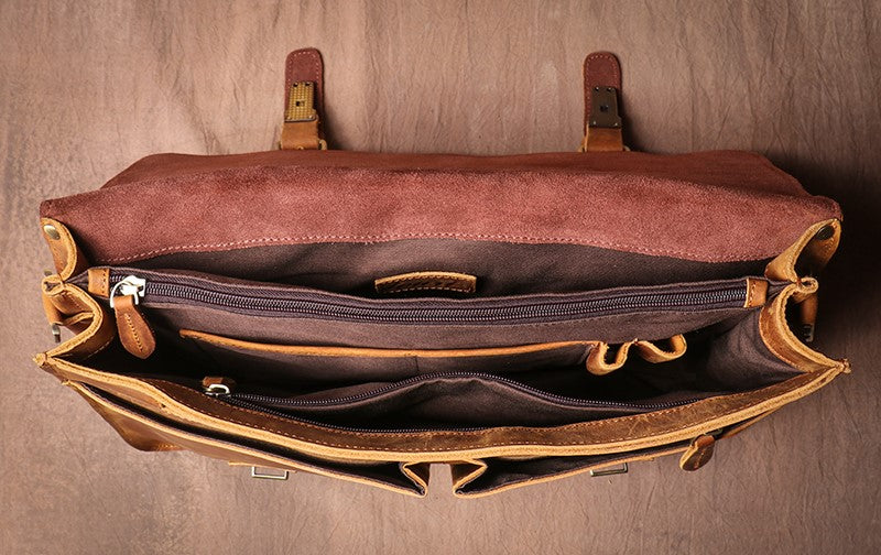 Crazy Horse Leather Laptop Messenger Bag – Vintage Business Briefcase with Shoulder Strap