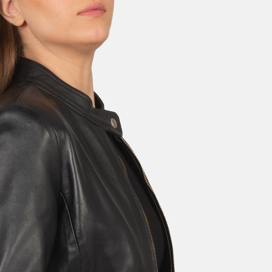 Women’s Sheepskin Leather Bomber Jacket with Band Collar
