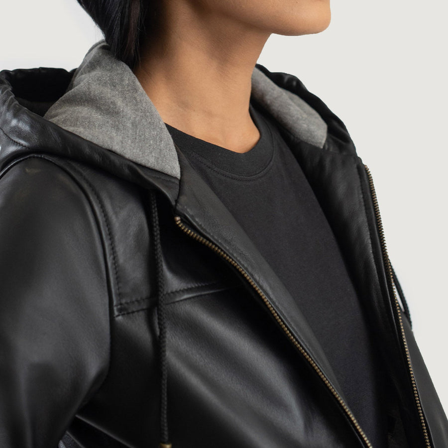 Women’s Hooded Sheepskin Leather Bomber Jacket with Fleece Lining