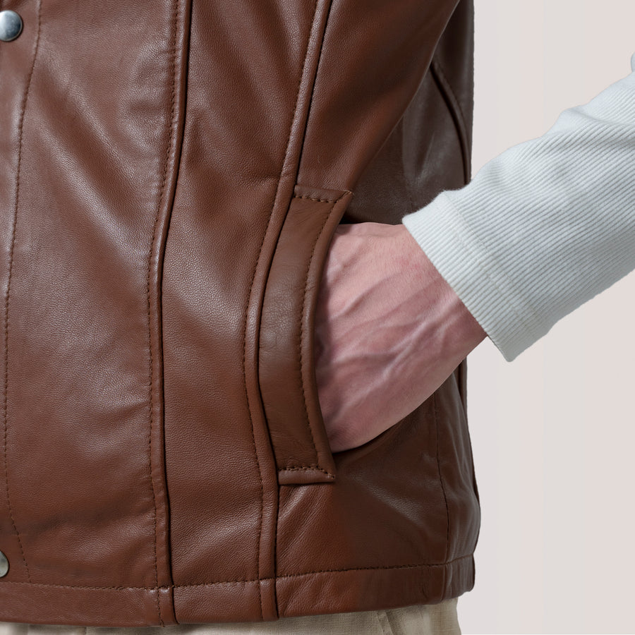 Men’s Semi-Aniline Sheepskin Leather Vest – Band Collar with Buckle