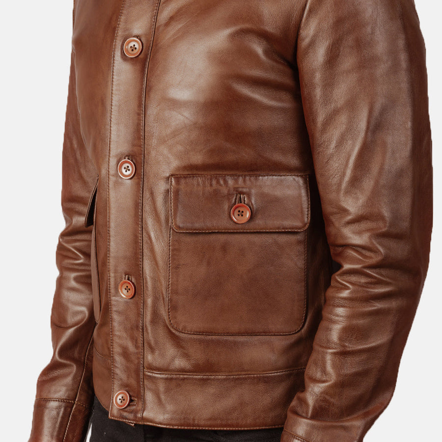 Men’s Sheepskin Leather Rider Jacket with High-Neck Buttoned Collar