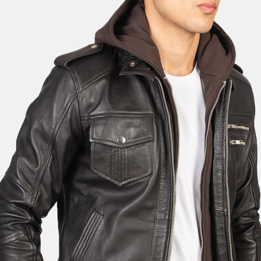 Men’s Sheepskin Leather Jacket with High-Neck Collar & Removable Hood