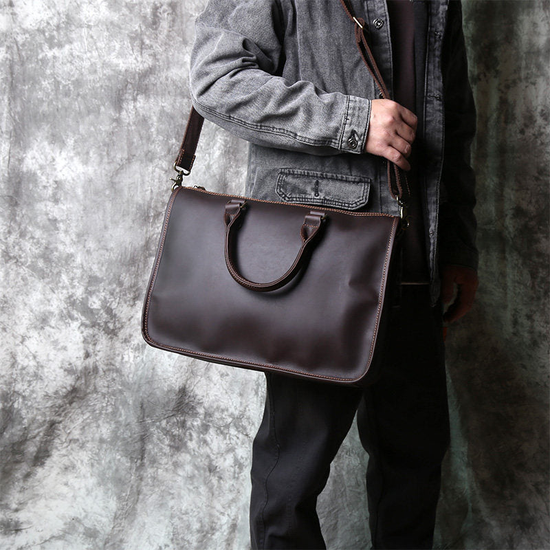 Crazy Horse Leather Laptop Briefcase – Vintage Business Office Messenger Bag