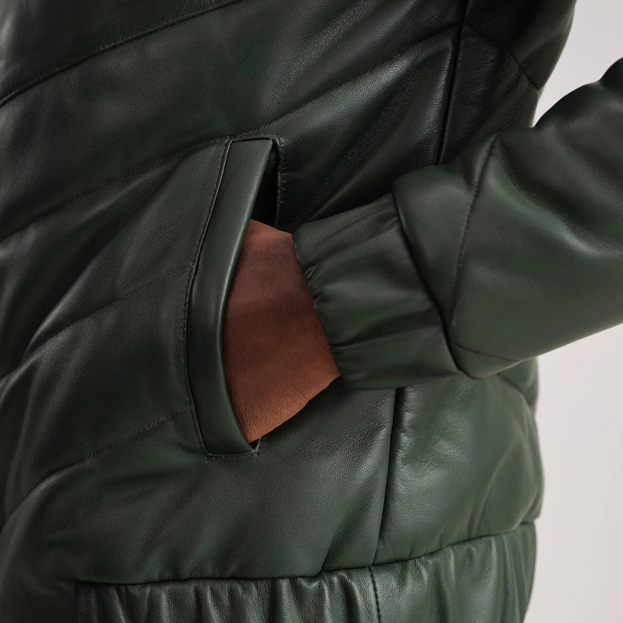 Men’s Sheepskin Real Leather Quilted Puffer Jacket with Band Collor