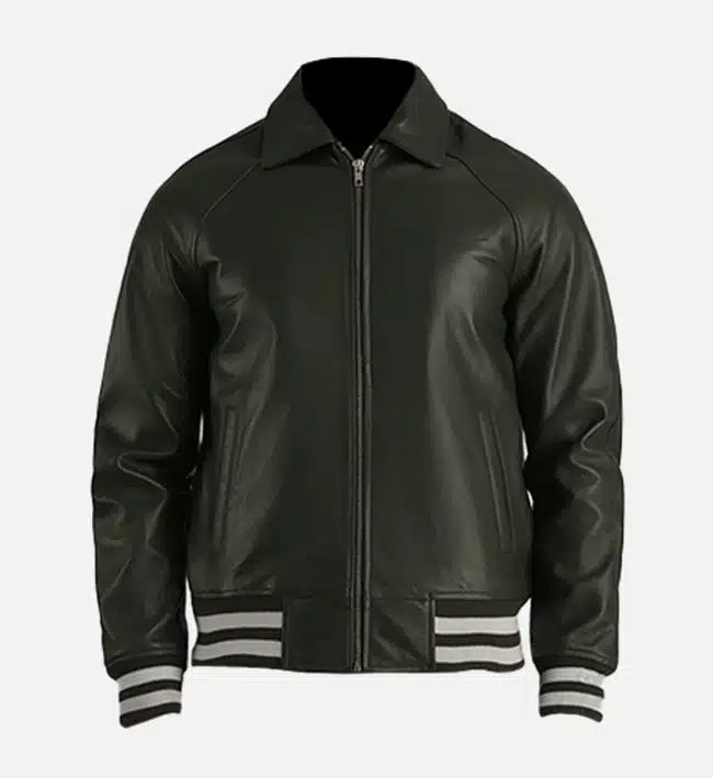Men’s Genuine Sheepskin Leather Plain Varsity Moto Jacket